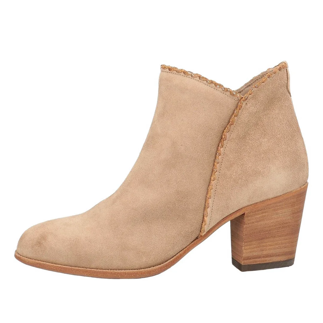 Round Toe Chunky Heel Stitching Zipper Short Boots for Women in Khaki