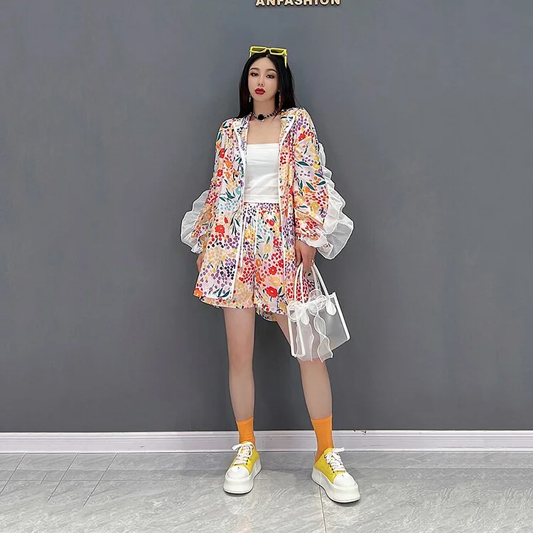 Street Floral Ruffles Splicing Long Sleeve Hooded Jacket And Shorts Two Pieces Set     