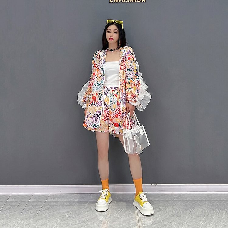 Street Floral Ruffles Splicing Long Sleeve Hooded Jacket And Shorts Two Pieces Set     