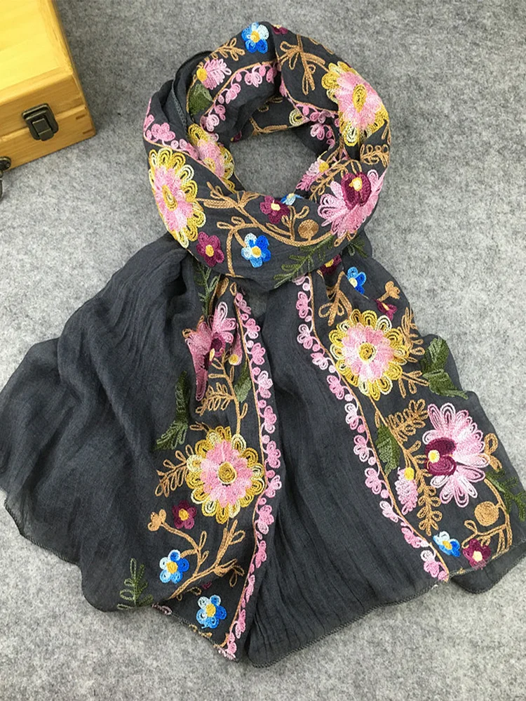 Retro Floral  Embroidered Vacation Scarf