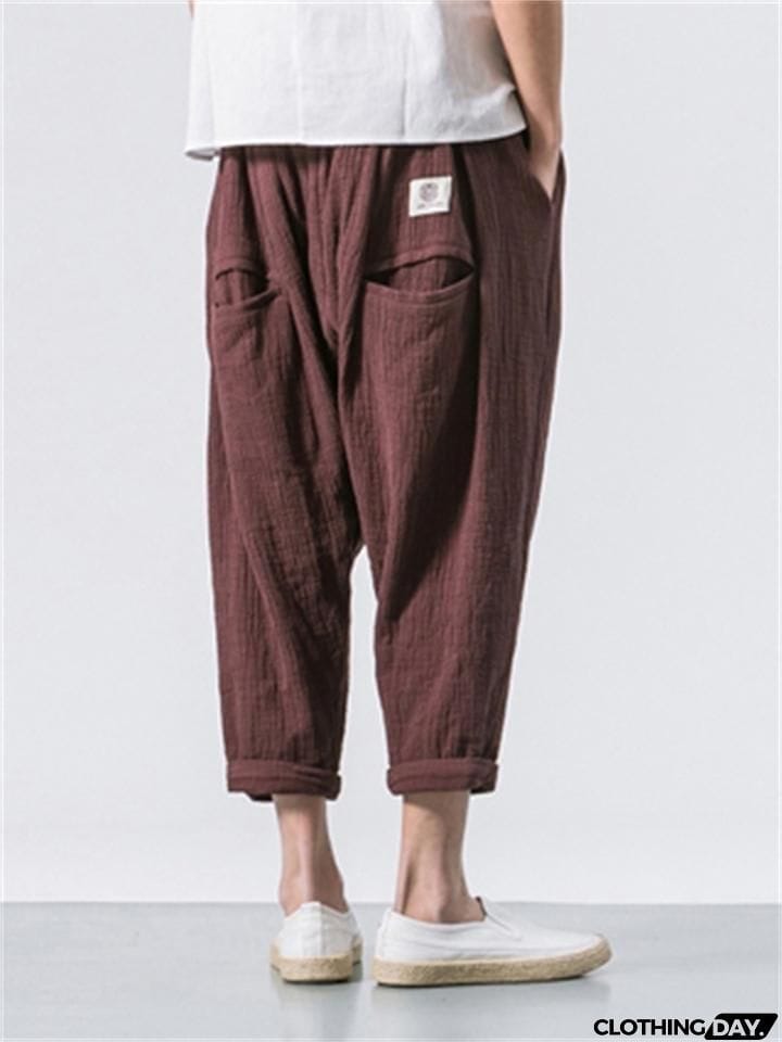 Men's Casual Loose Fashion Solid Color Linen Cropped Pants