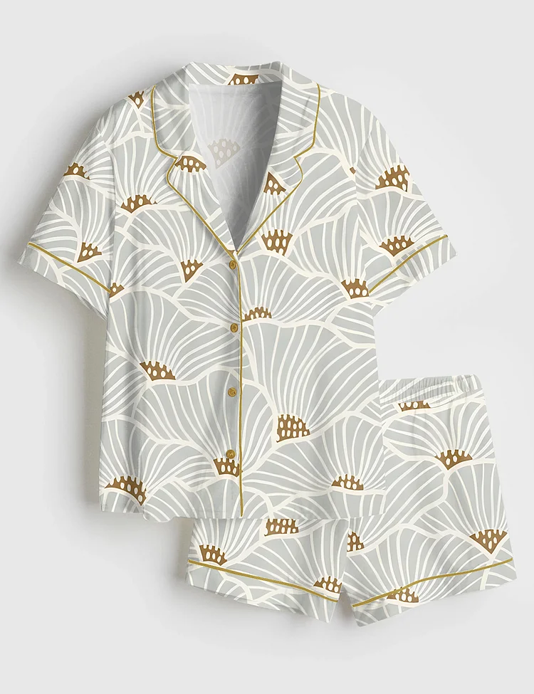 Women&rsquo;s Neutral Flowers Modern Geometric Soft Lines Art Print Short Sleeve Satin Pajama Set