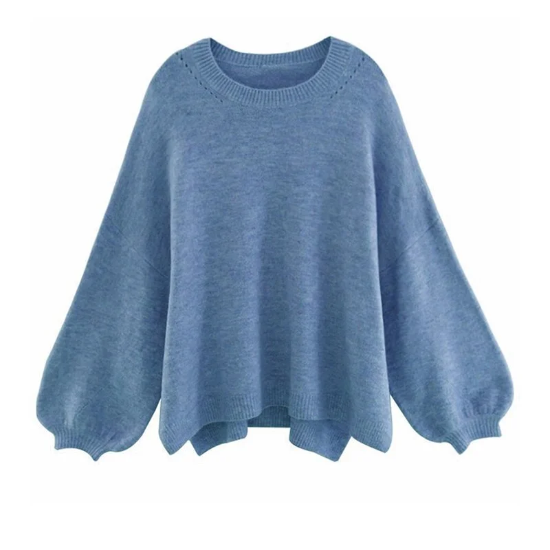 Toloer Blue Big Size Knitting Sweater Round Neck Long Lantern Sleeve Women Pullovers New Fashion Tide Autumn Winter 2022 1DE2918