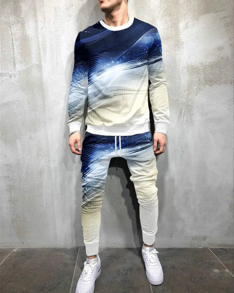 Men's Fashion Blue and White  Abstract  Printing Long-sleeved Suit