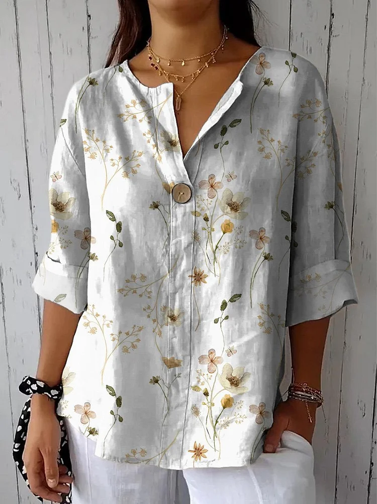 Watercolor Minimalist Spring Floral Pattern Printed Women's Casual Cotton Linen Shirt