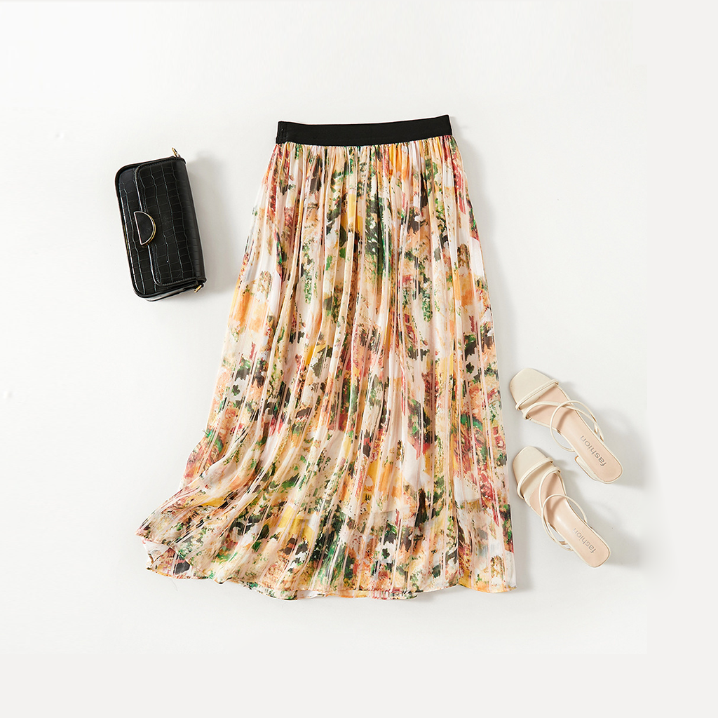 Gentle Multi-colored Silk Skirt with Floral Prints for Leisure Date REAL SILK LIFE