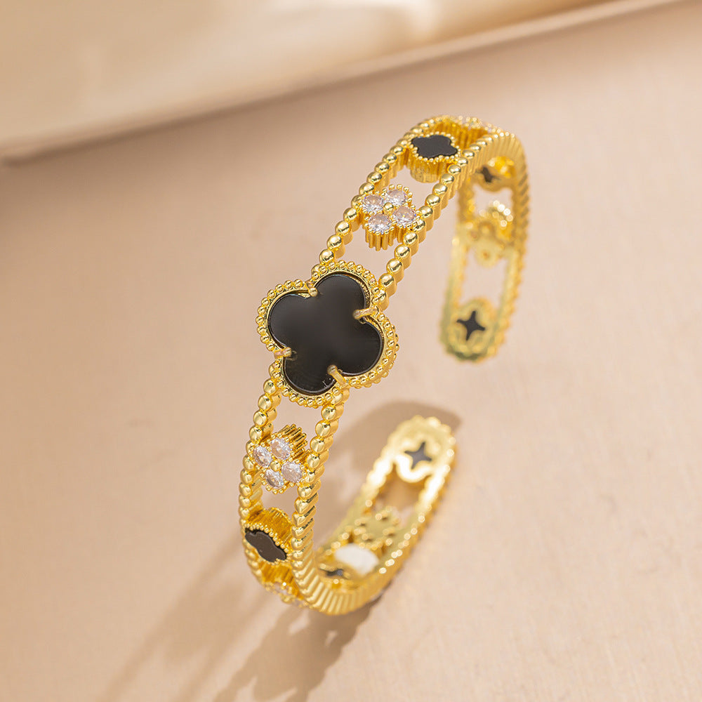 Personalized Trendy Micro-Inlaid Zircon Mother-Of-Pearl Flower Hollow Open Bracelet Versatile Women