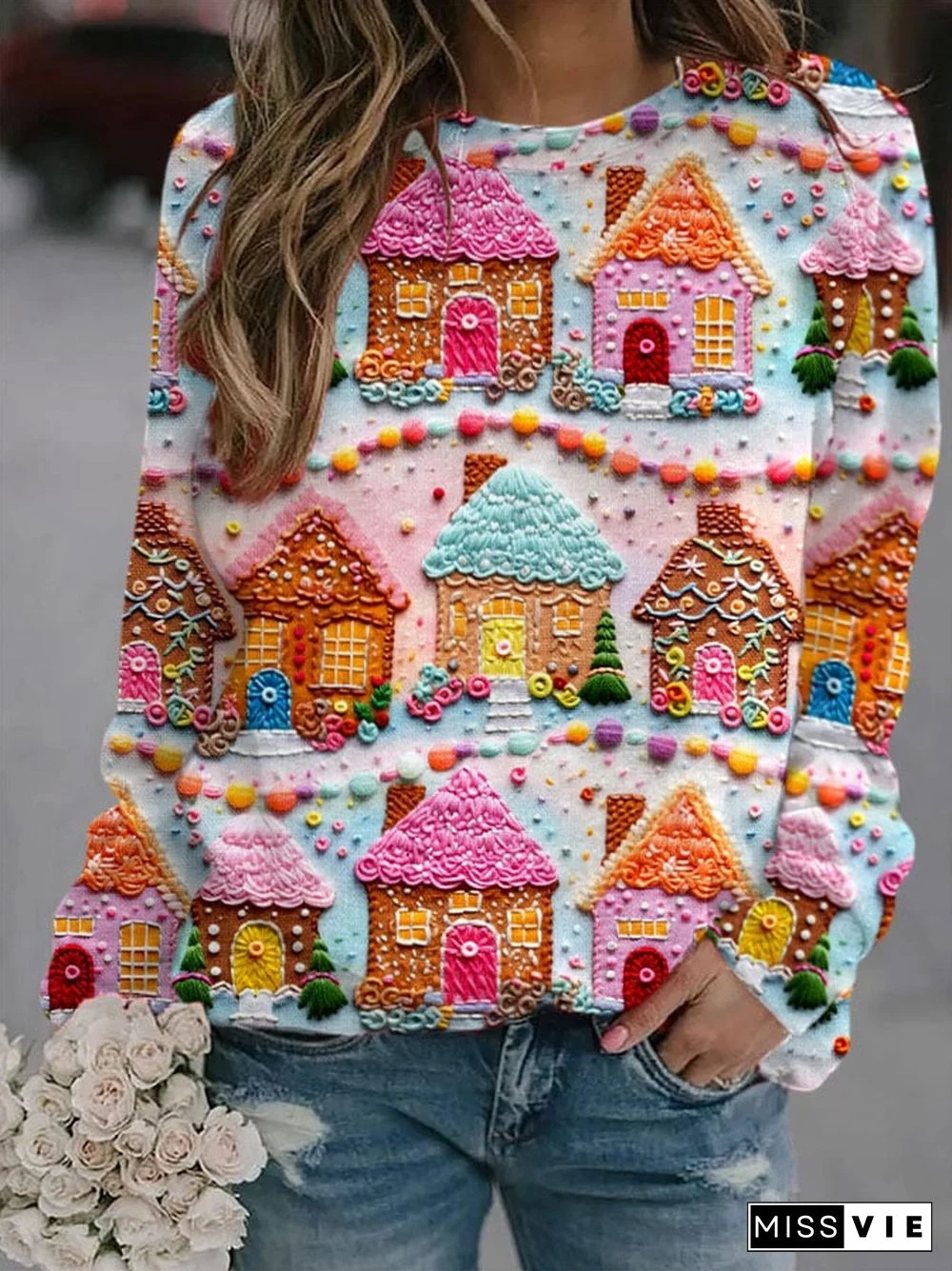 Women's Christmas Gingerbread House Print Sweatshirt