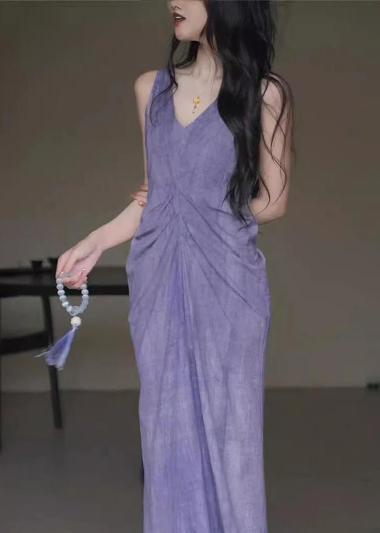 Chinese Style Purple V Neck Wrinkled Linen Long Dress Sleeveless