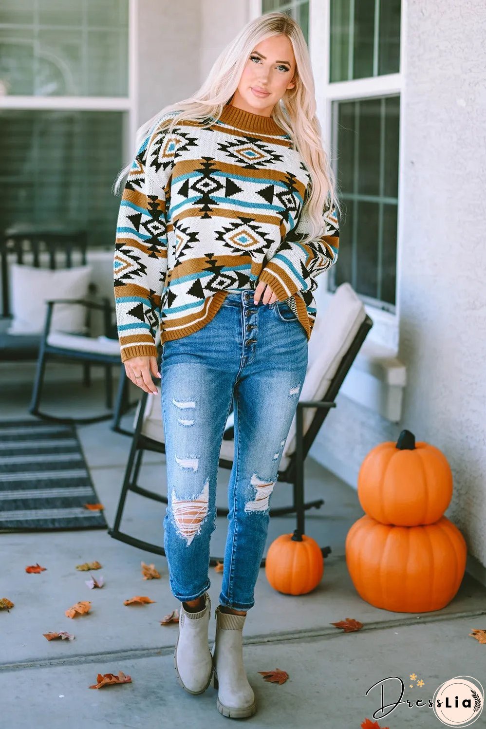 Full Size Geometric Round Neck Long Sleeve Sweater