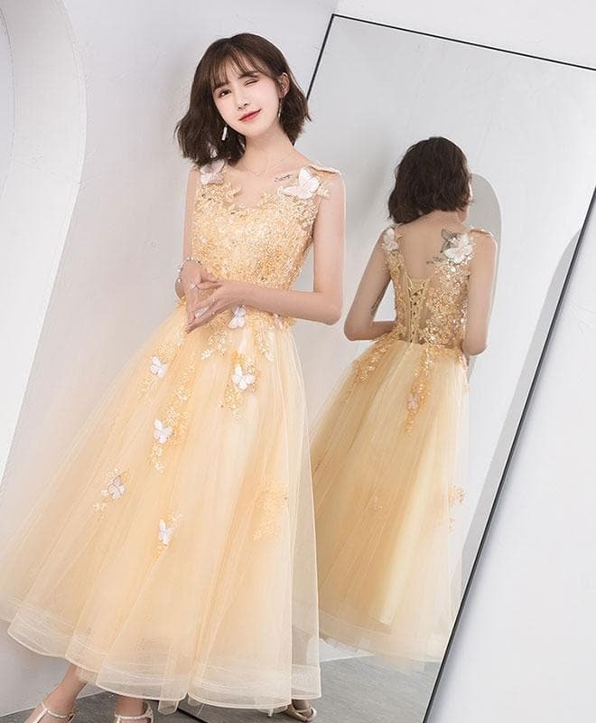 Gold V Neck Tulle Lace Short Prom Dress
