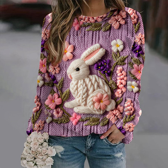 Flower Rabbit Print Round Neck Casual Sweatshirt wearshes