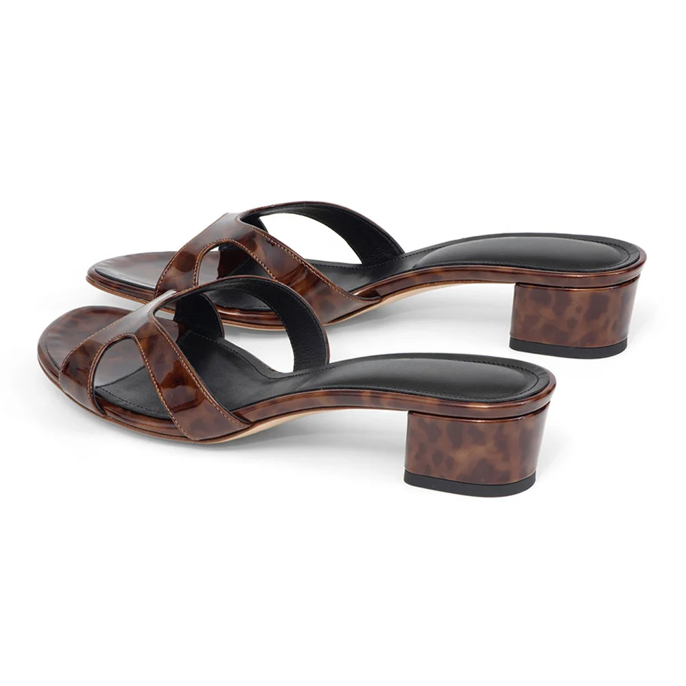 Tortoiseshell Print Open Toe Cut-Out Block Heel Mules Sandals