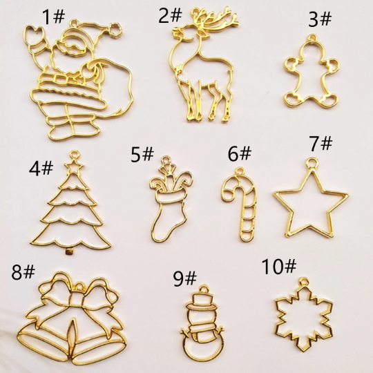 10Pcs/lot Cute Gold Christmas Metal Frame Pendant,Tree/Deer/Santa/Elk/Stock Charm Bezel Setting Cabochon Setting UV Resin Charm diy Jewelry