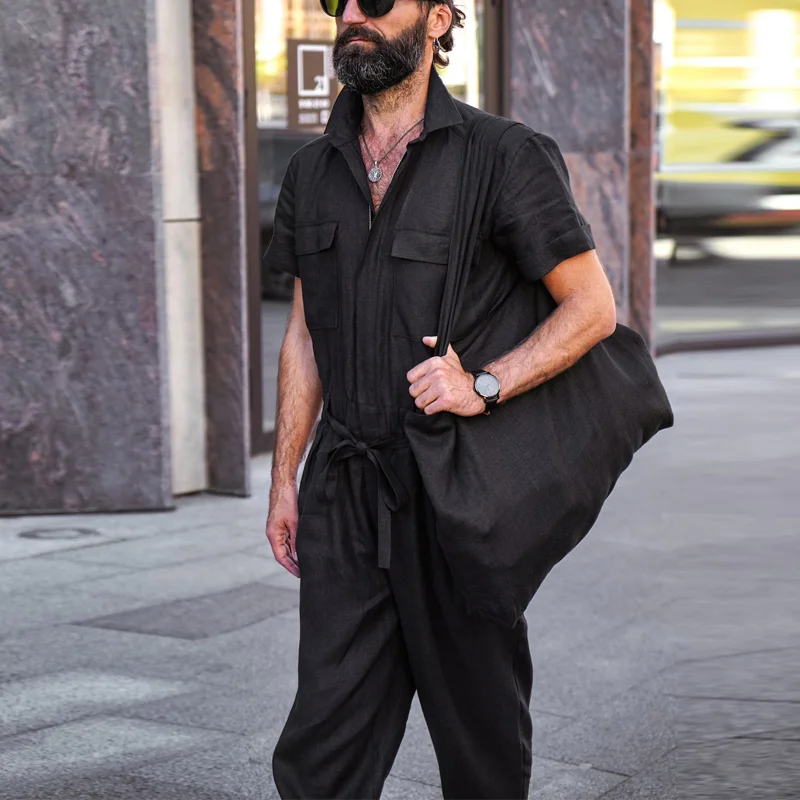 Men's Black Linen Zip Elastic Waist Jumpsuit