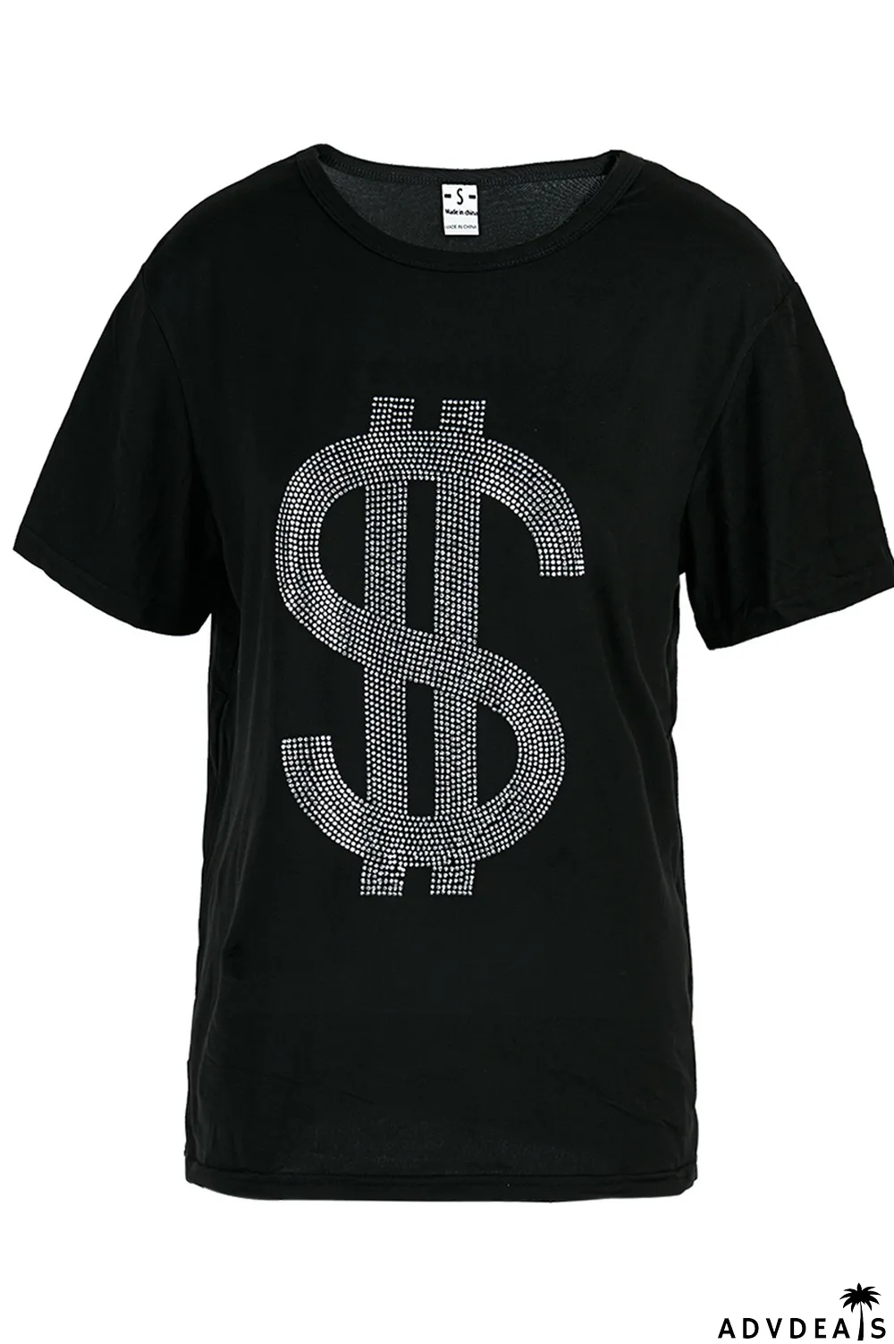 Black Fashion Casual Solid Split Joint Hot Drill O Neck T-Shirts