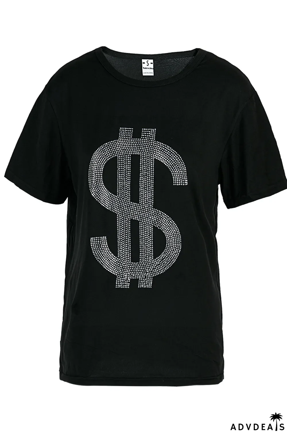 Black Fashion Casual Solid Split Joint Hot Drill O Neck T-Shirts