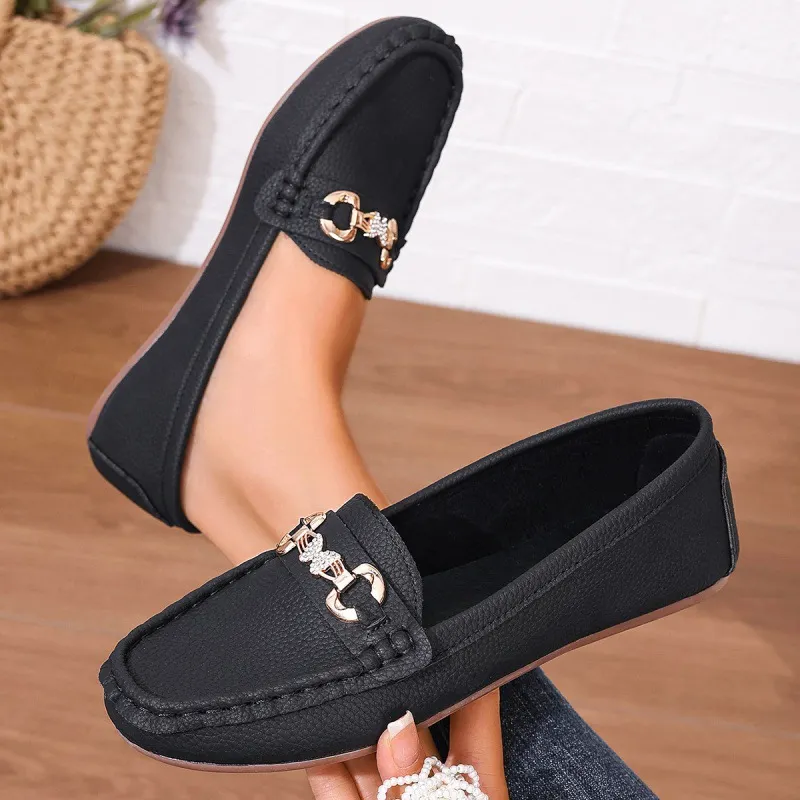 Breakj Breakj Casual Single-Shoe Lef Shoes Light-Mouthed Bean Shoes Women's 2025 New Fashion Metal Chain Large-Size Mother Shoes