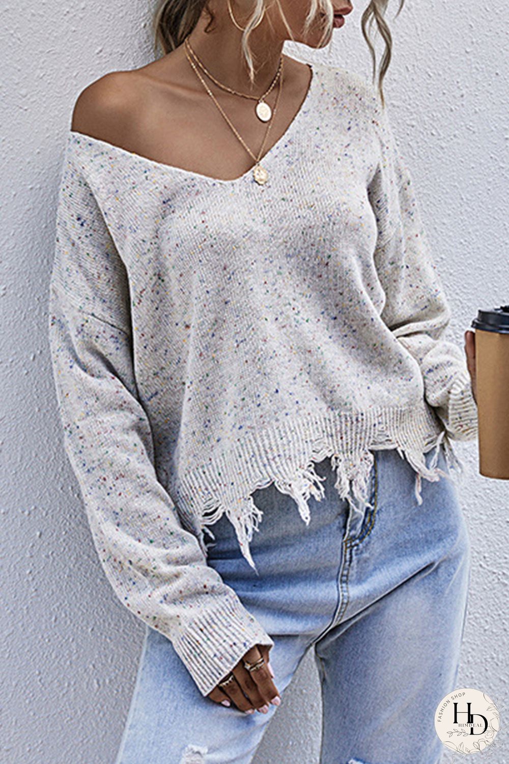 Casual Print Tassel V Neck Tops Sweater