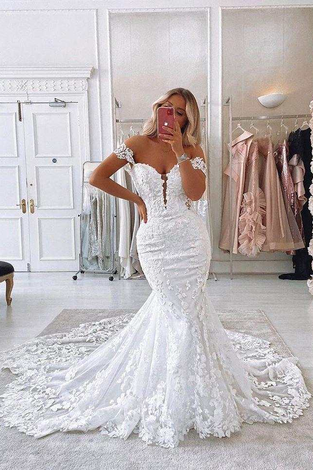 Dresseswow White Off-the-Shoulder Lace Wedding Dress Mermaid Online