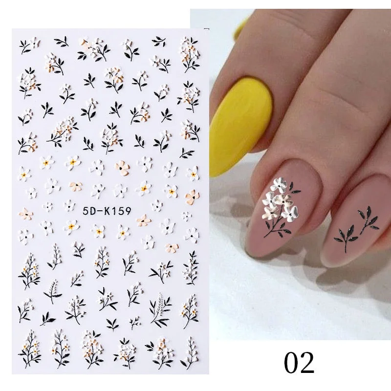 1PC French 5D Nail Sticker Embossed Flower Bubble Pattern Self-Adhesive Slider Wedding Design Nails Decals Nail Art Decoration-Nail Inspo