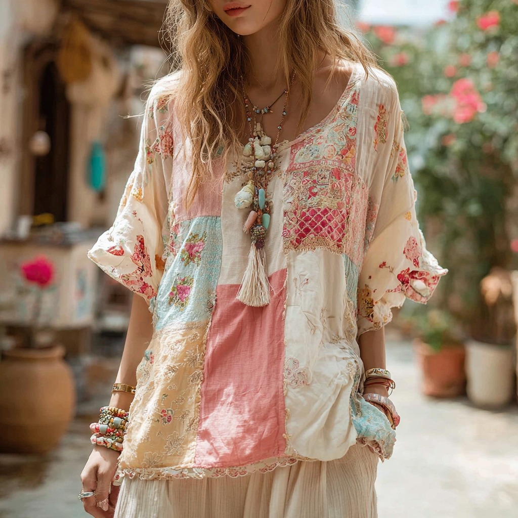 Women's Bohemian Floral Patchwork Crew Neck T-shirt elevenforest