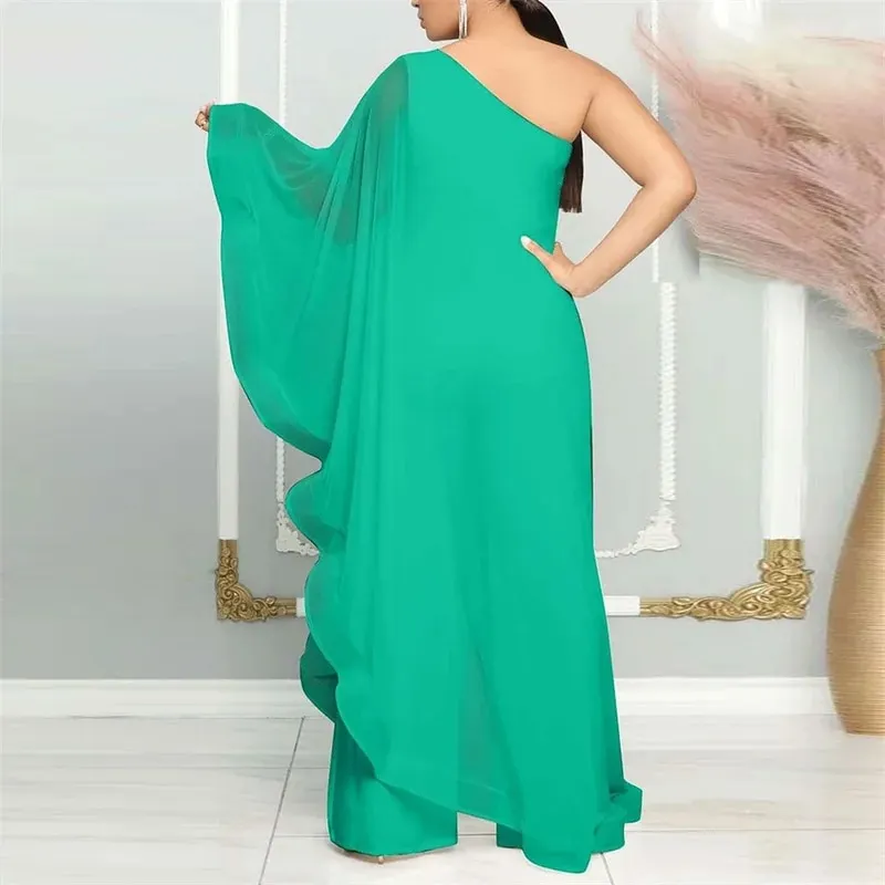 Brownm Chiffon One Shoulder Wide Leg Jumpsuit Women Night Party Birthday Outfits One Piece Romper Overalls Combinaison Femme