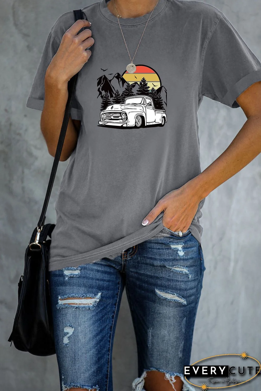 Gray Casual Colorblock Pick Up Truck Print Graphic Tee