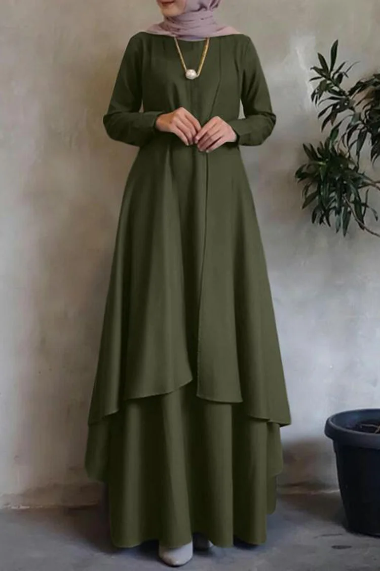 Crew Neck Solid Long Sleeve Lace-Up Layered Maxi Dress