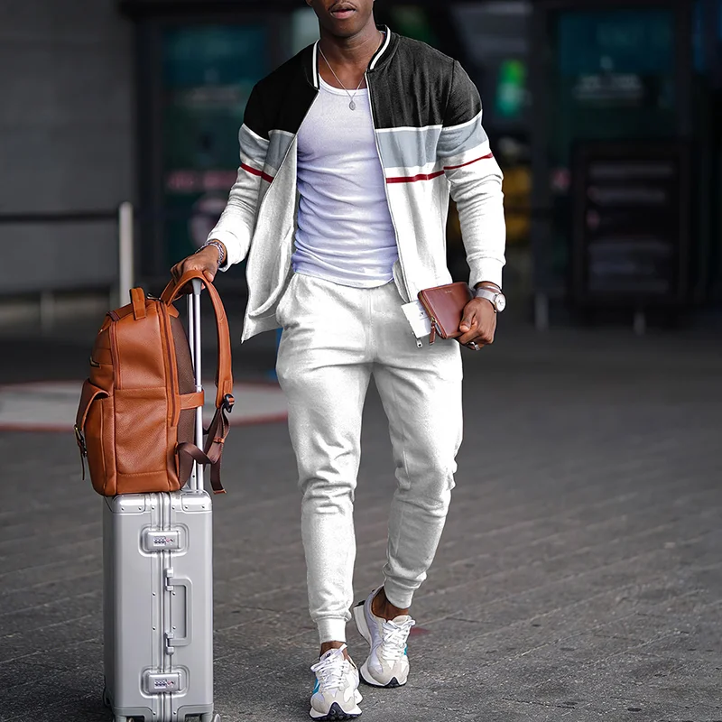 Leisure Geometric Contrast Jacket And Pants Two Piece Set