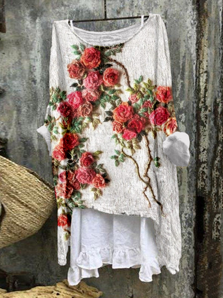 Romantic Roses Embroidered Linen Blend Flowy Tunic artswardrobe