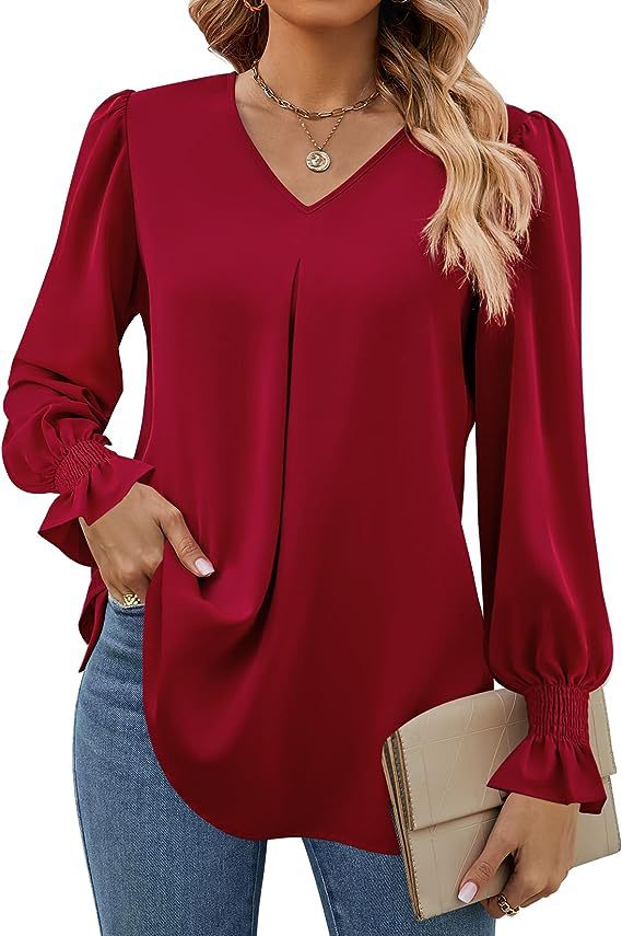 Vurtigorasn Women's New Solid Color Chiffon Shirt V-neck Pullover Flared Long Sleeved Top Shirt Office Lady Elegant Khaki Loose Blouses