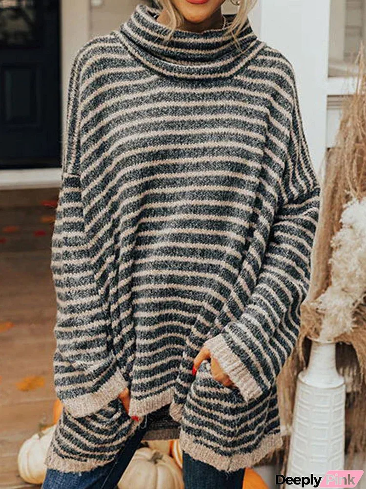 Striped Turtleneck Sweater with Pockets