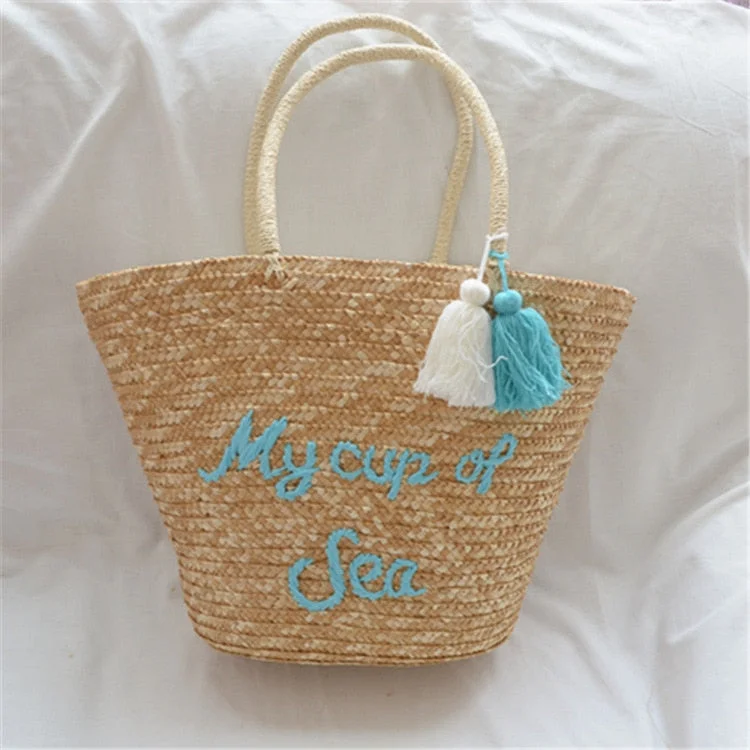 casual tassel straw bags rattan women handbags wicker woven shoulder bags large capacity totes bucket bag summer beach purses