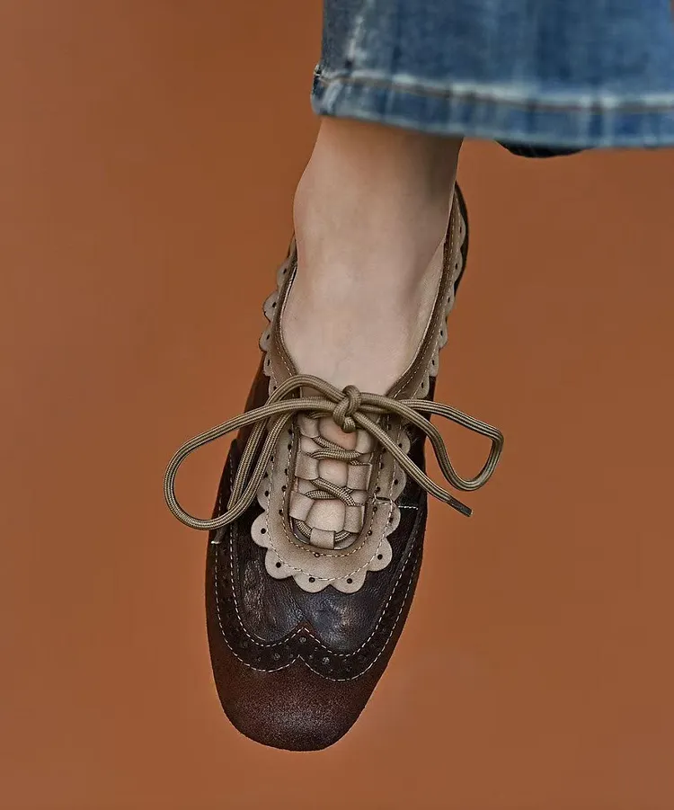 Coffee Sheepskin Splicing Lace Up Loafers For Women