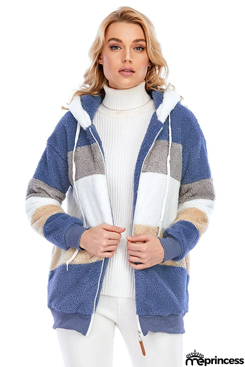 Colorblock Zip Up Sherpa Coat with Hooded