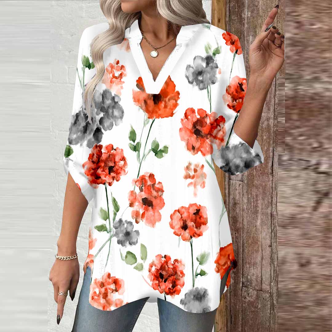 Women Floral,Red DZGA0019 3/4 Sleeve V-neck Printed Graphic Button Tops