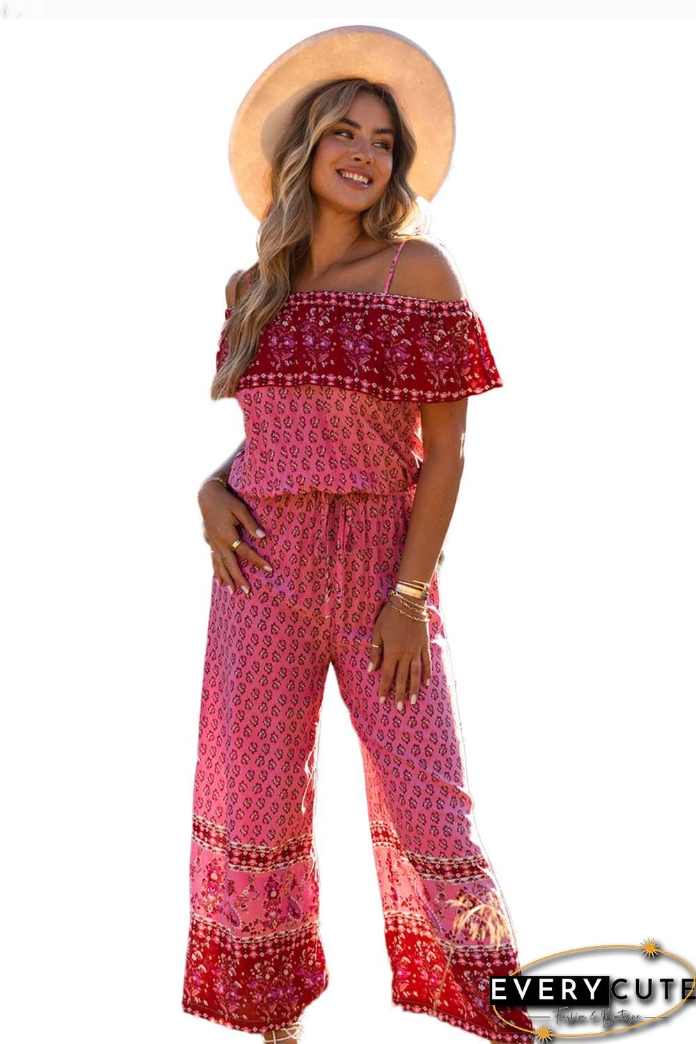 Red Pattern Print Spaghetti Strap Ruffled Wide Leg Jumpsuit