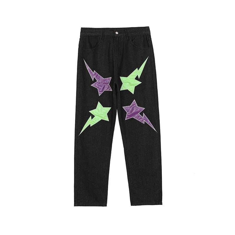 High Street Stars Letter Embroidery Denim Pants Mens and Womens Washed Retro Straight Jeans Hip Hop Casual Trousers