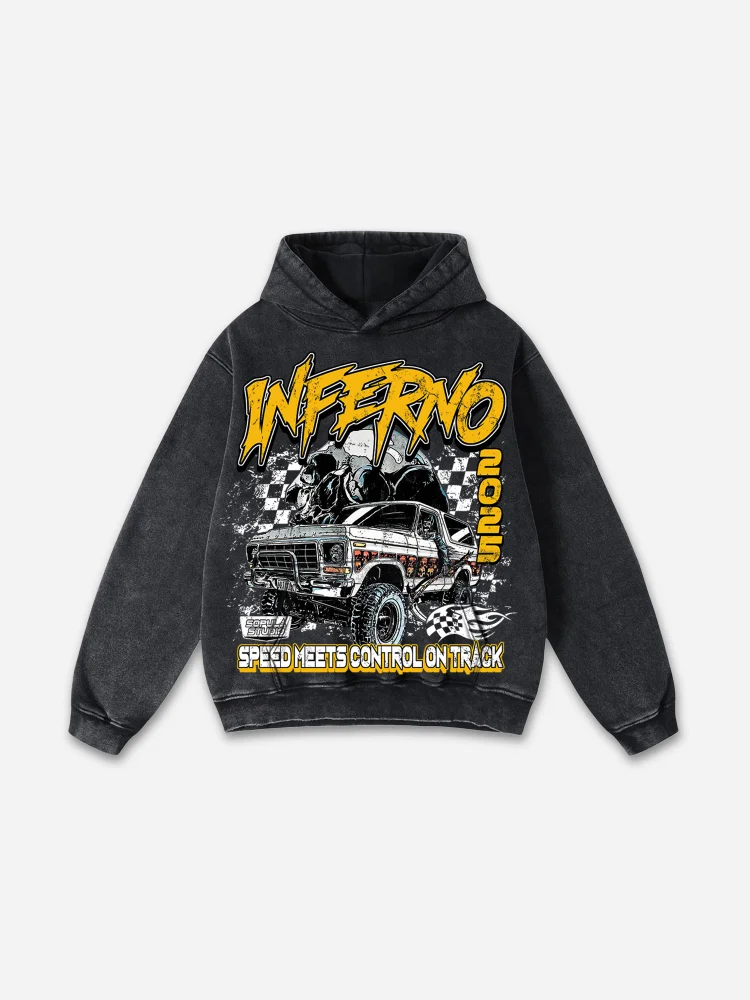 Racing Inferno Skeleton Print Washed Hoodie