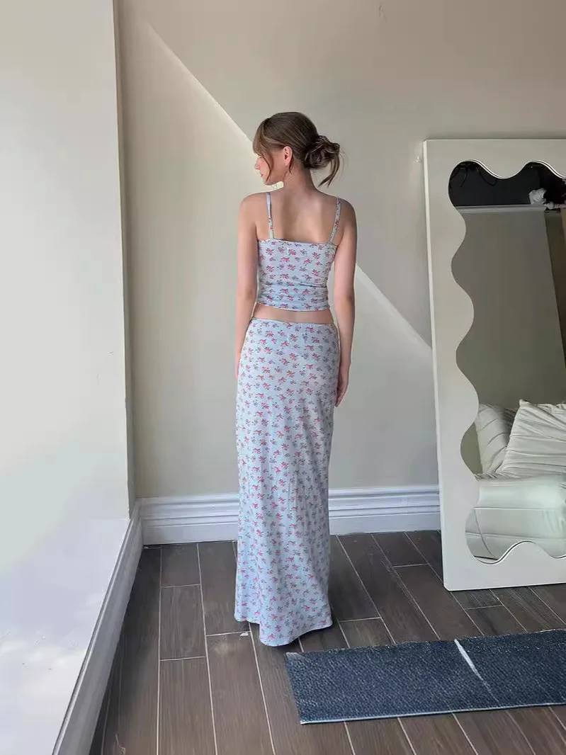 Uveng 2024Ins Fashion Small Fresh Flower Print Sling Small Vest Top Dress Set