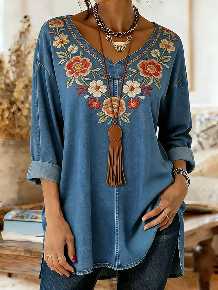 Women's National Floral Art Patterns Print Casual Washed Denim Cotton Top