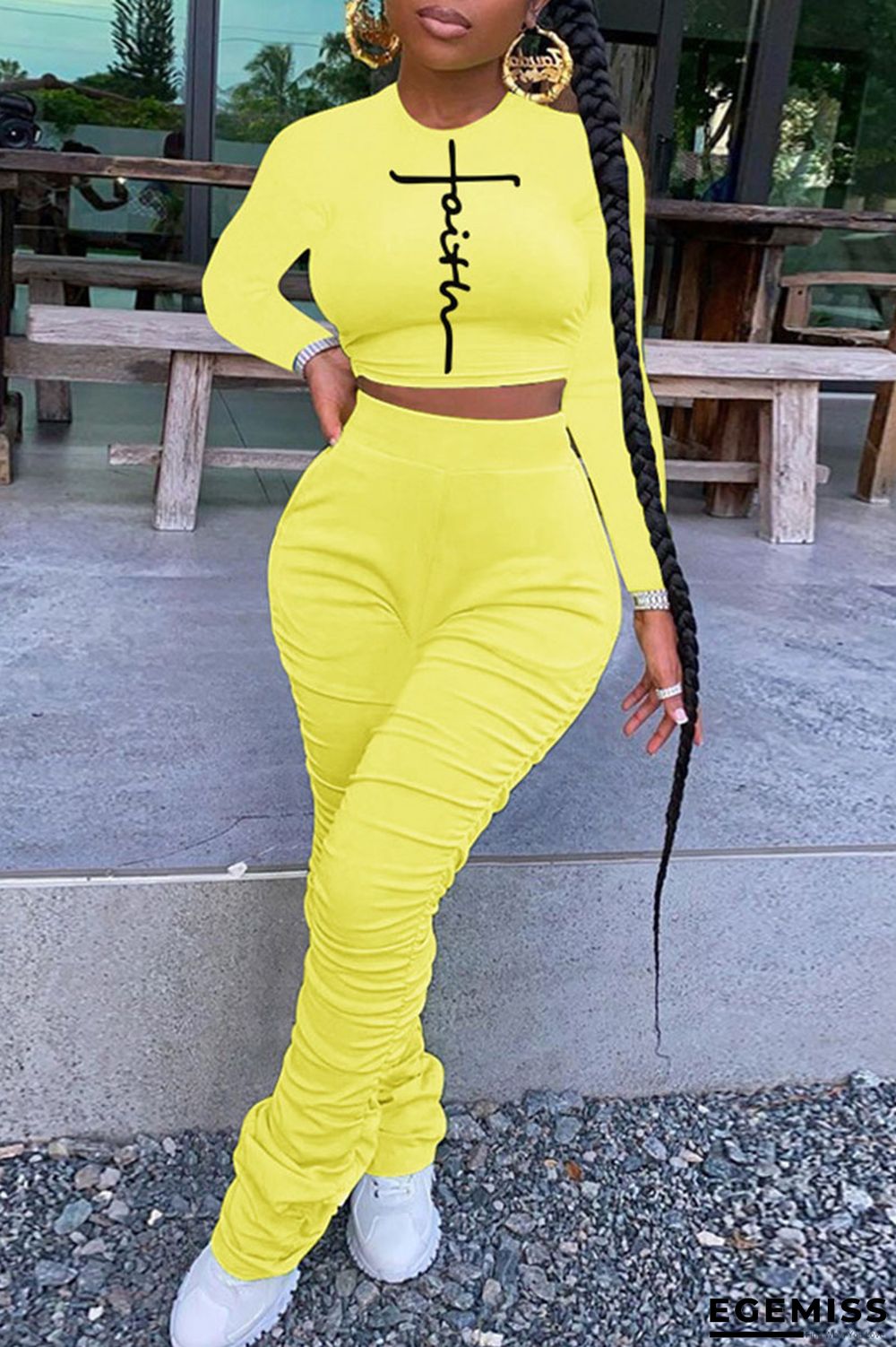 Yellow Casual Print Patchwork Fold O Neck Long Sleeve Two Pieces | EGEMISS