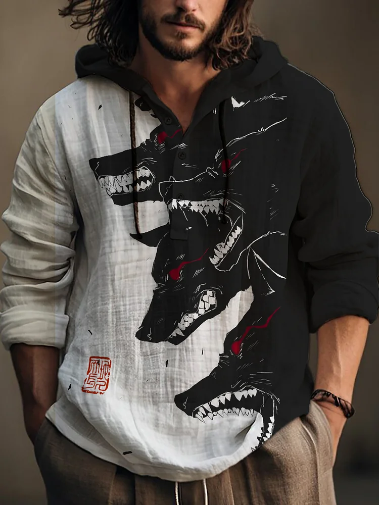 Men's Japanese Art Fierce Wolf Print Hooded Shirt
