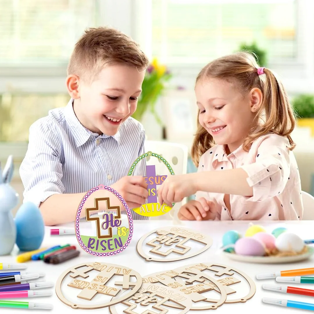 10Pcs Easter Cross DIY Unfinished Graffiti Wooden Pendant Wood Graffiti Crafts Hanging Ornaments for Living Room Office Party Decoration