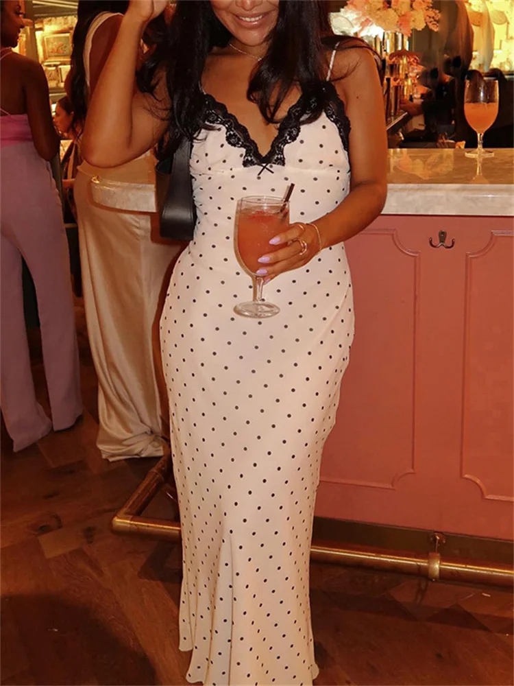 Women Backless High Waist Slim Spaghetti Contrast Party Lace V-Neck Patchwork Maxi Dress