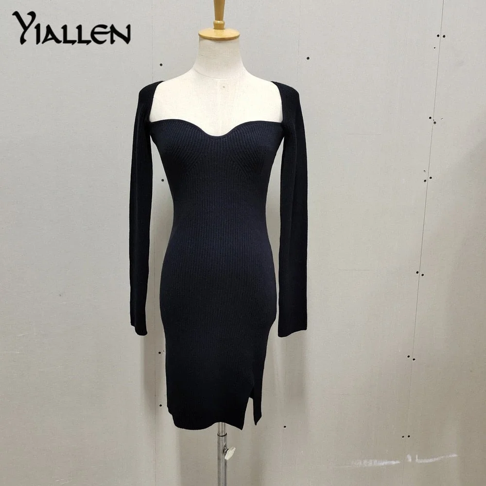 Yiallen Autumn Winter Basic Split Knitted Dress Sexy Slim Square Collar Long Sleeve Mini Dresses For Women 2022 Elegant Fashion