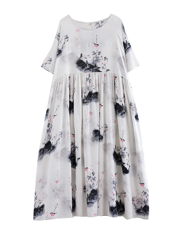 Loose Short Sleeves Pleated Printed Split-Joint Round-Neck Midi Dresses