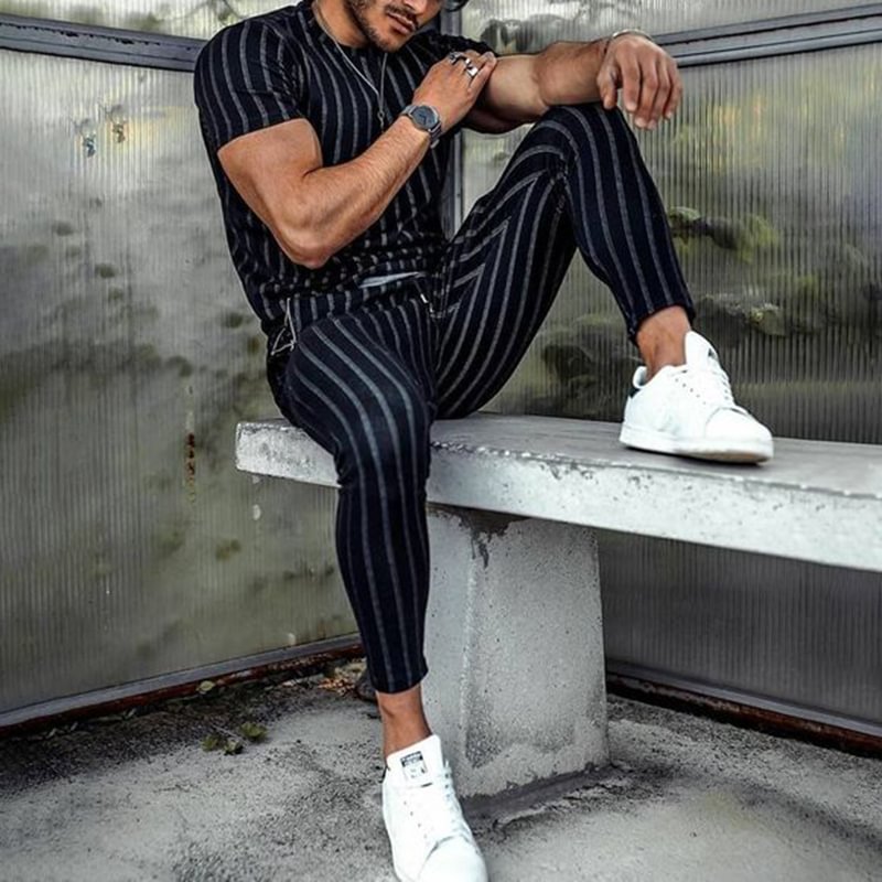 Classic Vertical Stripes Print Short Sleeve T-Shirt And Pants Co-Ord