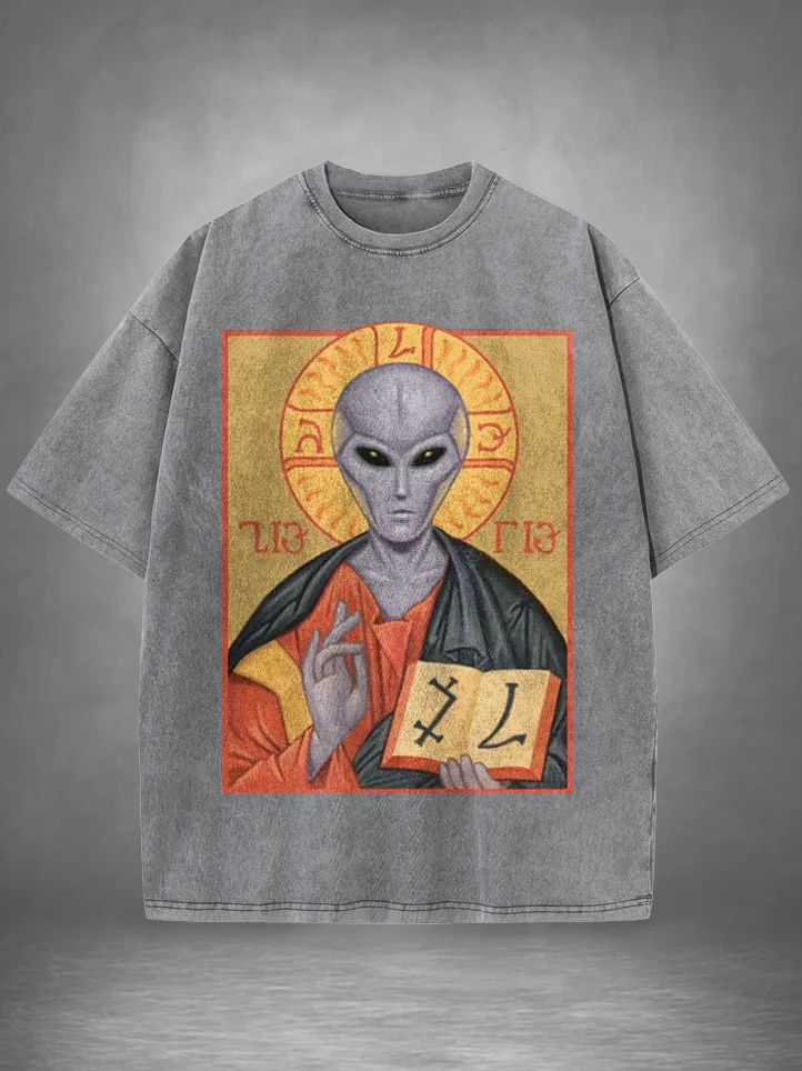 Men's Funny Alien Illustration Print Cotton Washed T-Shirt